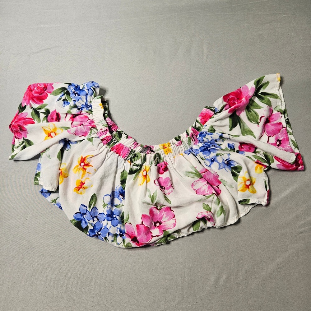 Forever 21 Floral Crop Top Womens Small White Pink Blue Off Shoulder Boho Summer